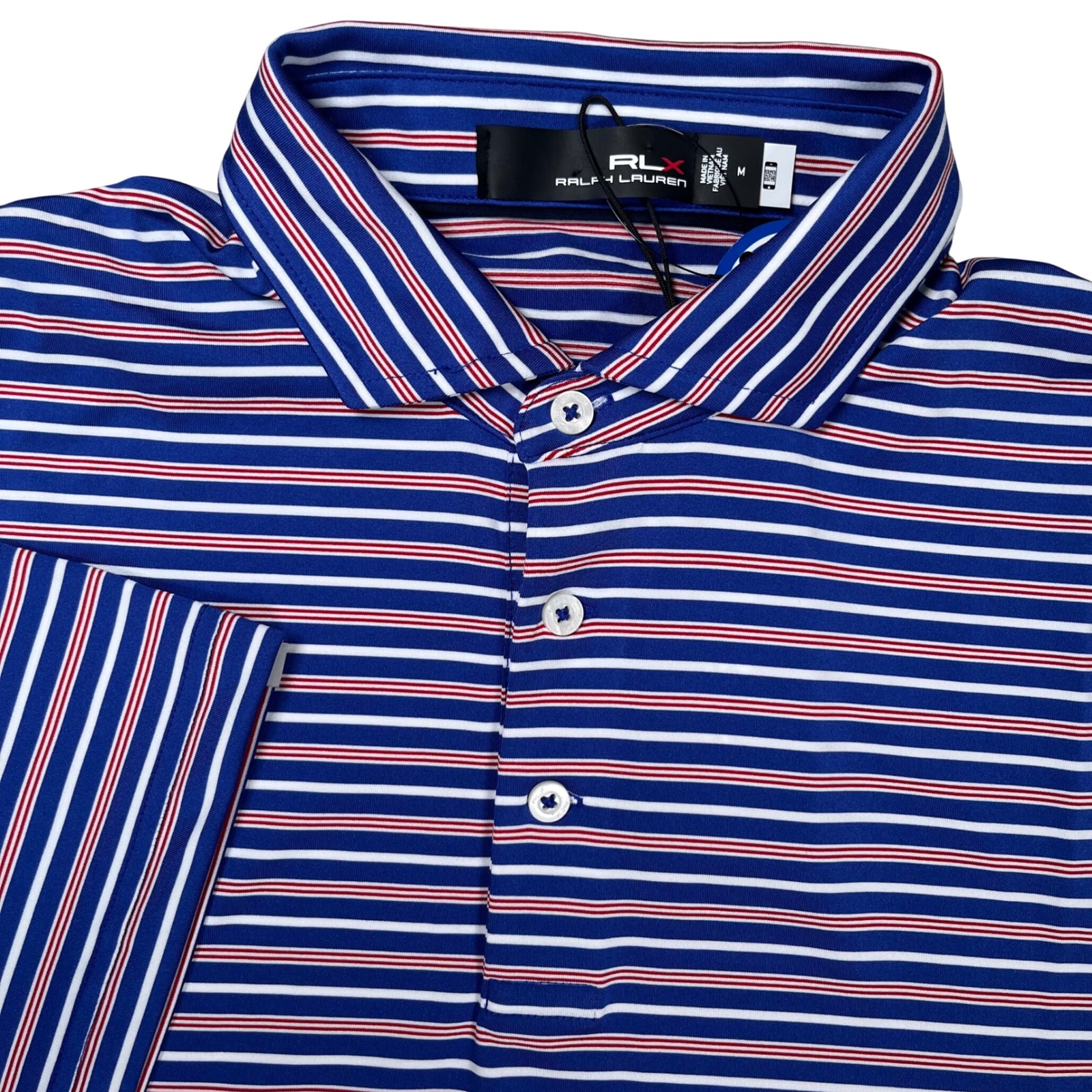 New Rlx Ralph Lauren Polo Shirt Men Medium Blue Striped Performance Golf Wicking